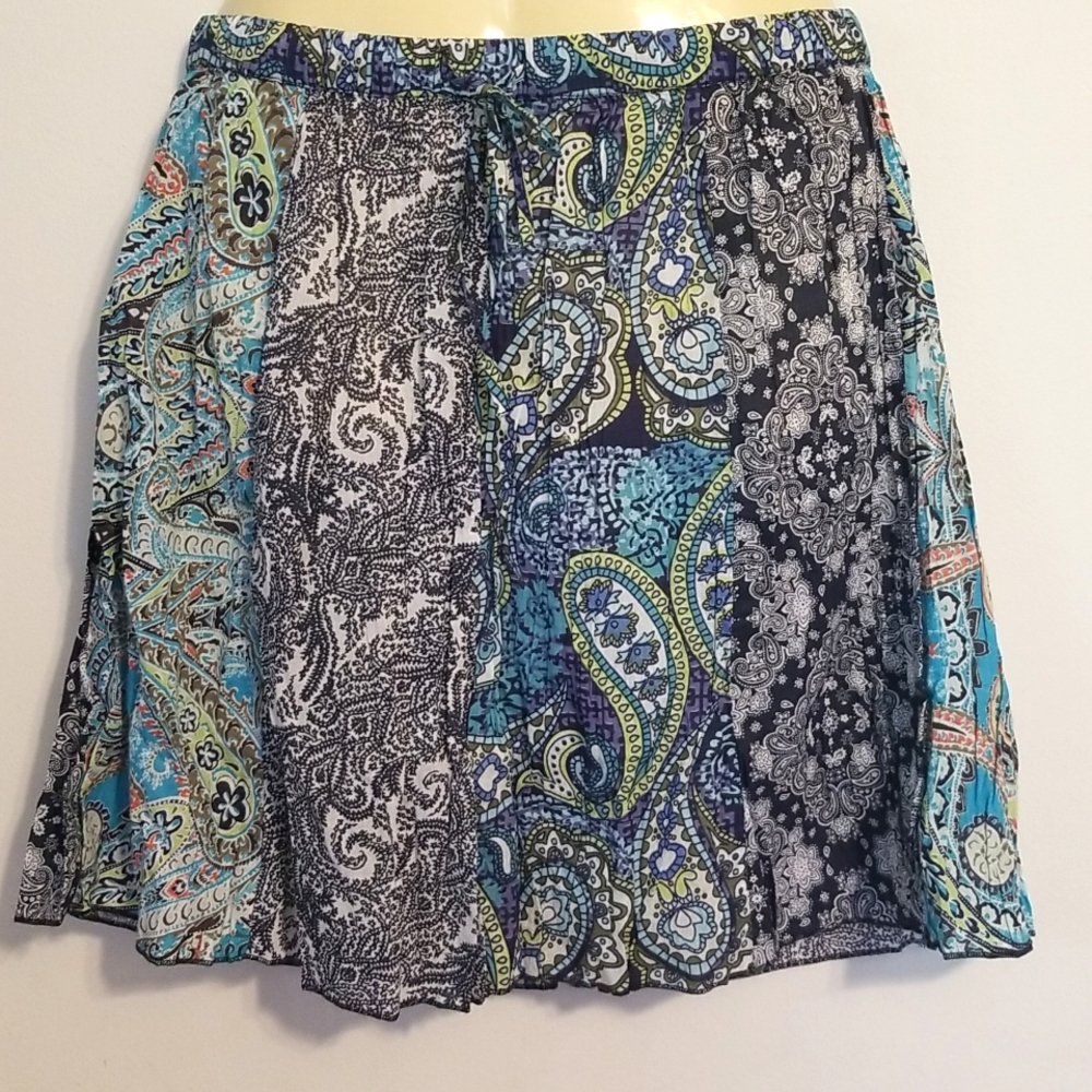 Cino Patchwork Panels Skirt Cotton Blue White Green Paisley Lightweight Crinkle